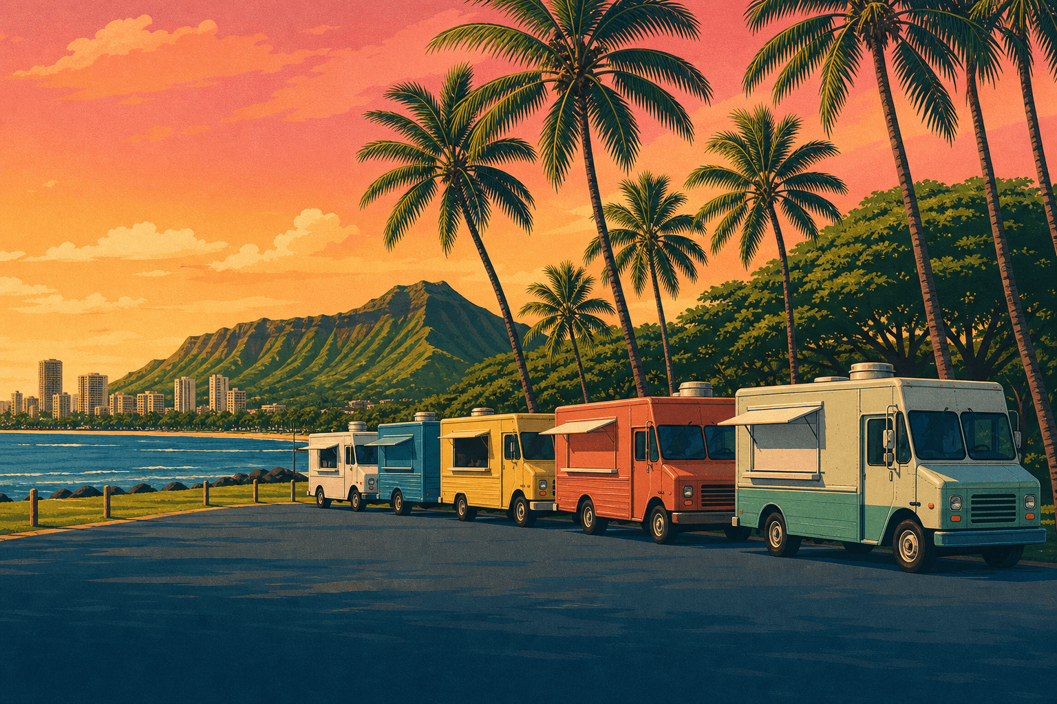 Illustration von Foodtrucks am Kapiolani Park mit dem Diamond Head, Waikiki