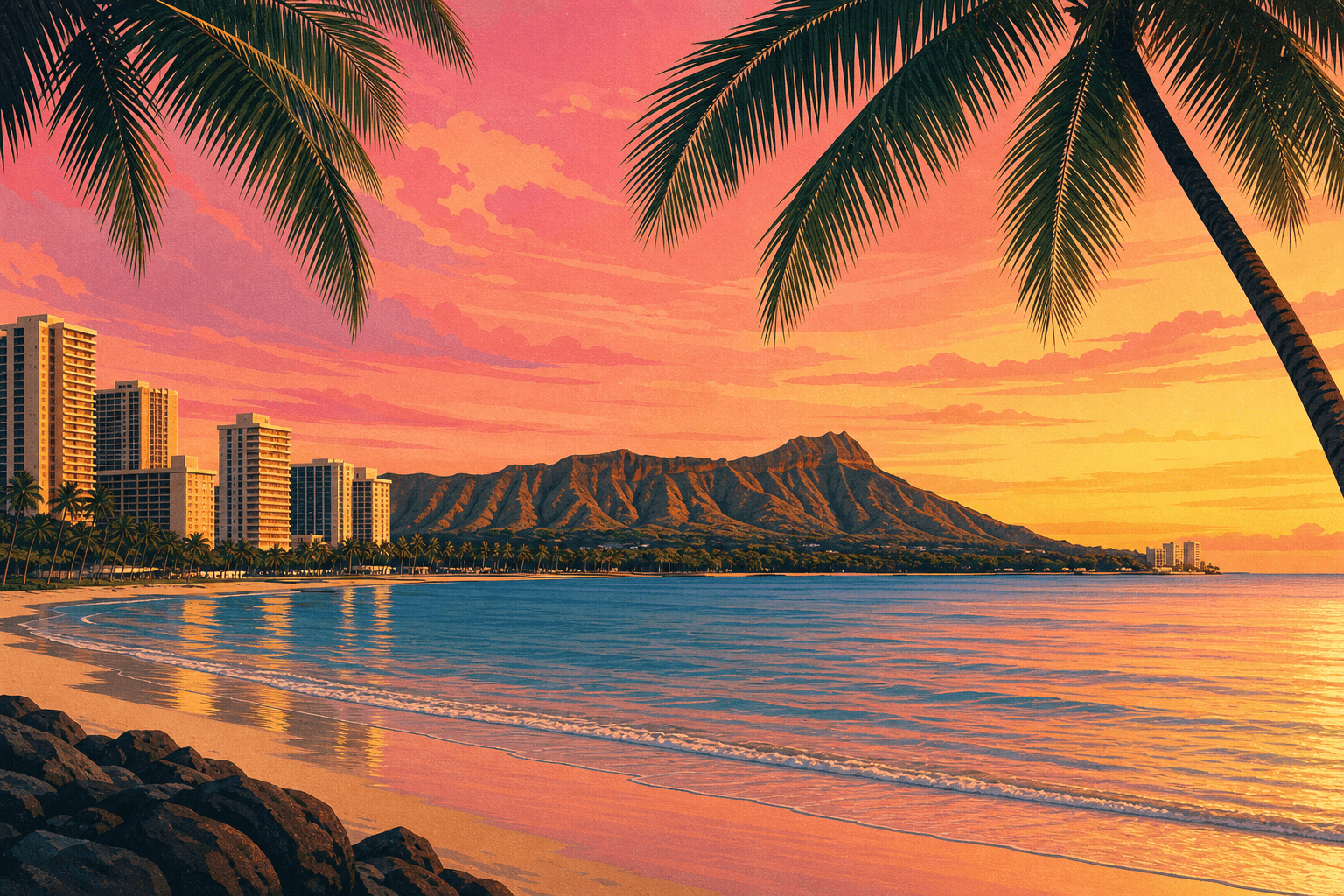 Illustration von dem Waikiki Beach bei Sonnenuntergang mit dem Diamond Head, Honolulu