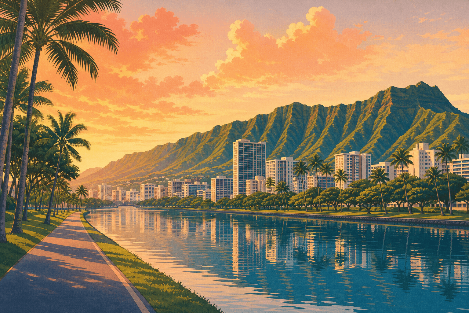 Illustration von dem Ala Wai Canal in Waikiki mit dem Koʻolau-Gebirge, Honolulu