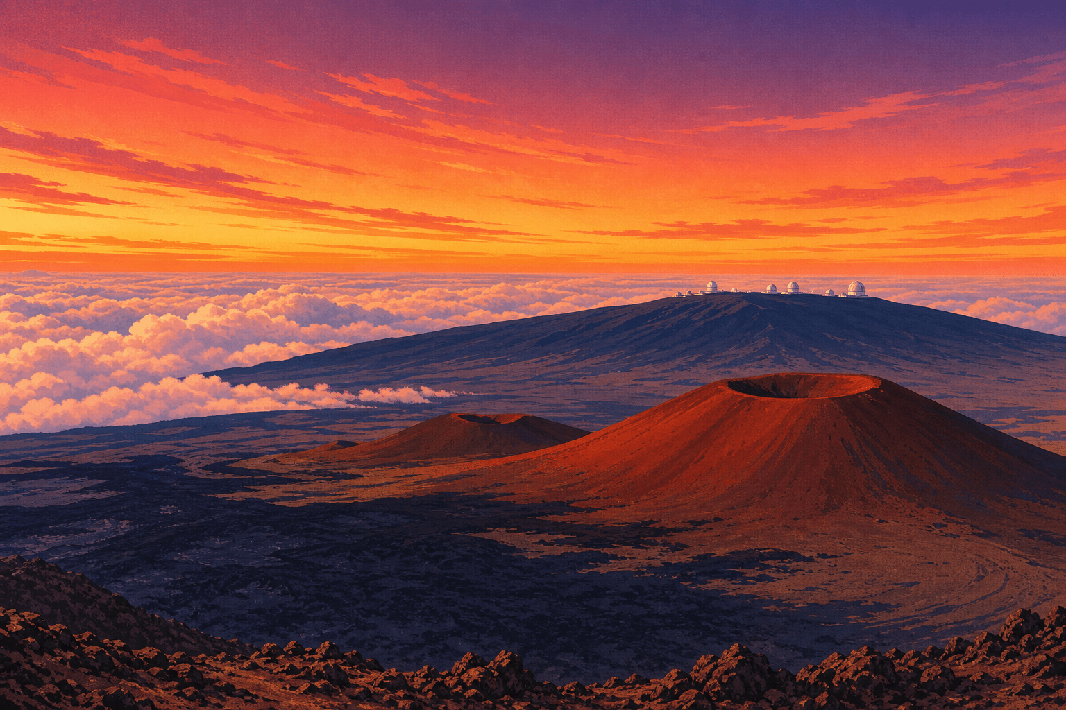 Illustration von dem Gipfel des Mauna Kea über dem Wolkenmeer, Big Island