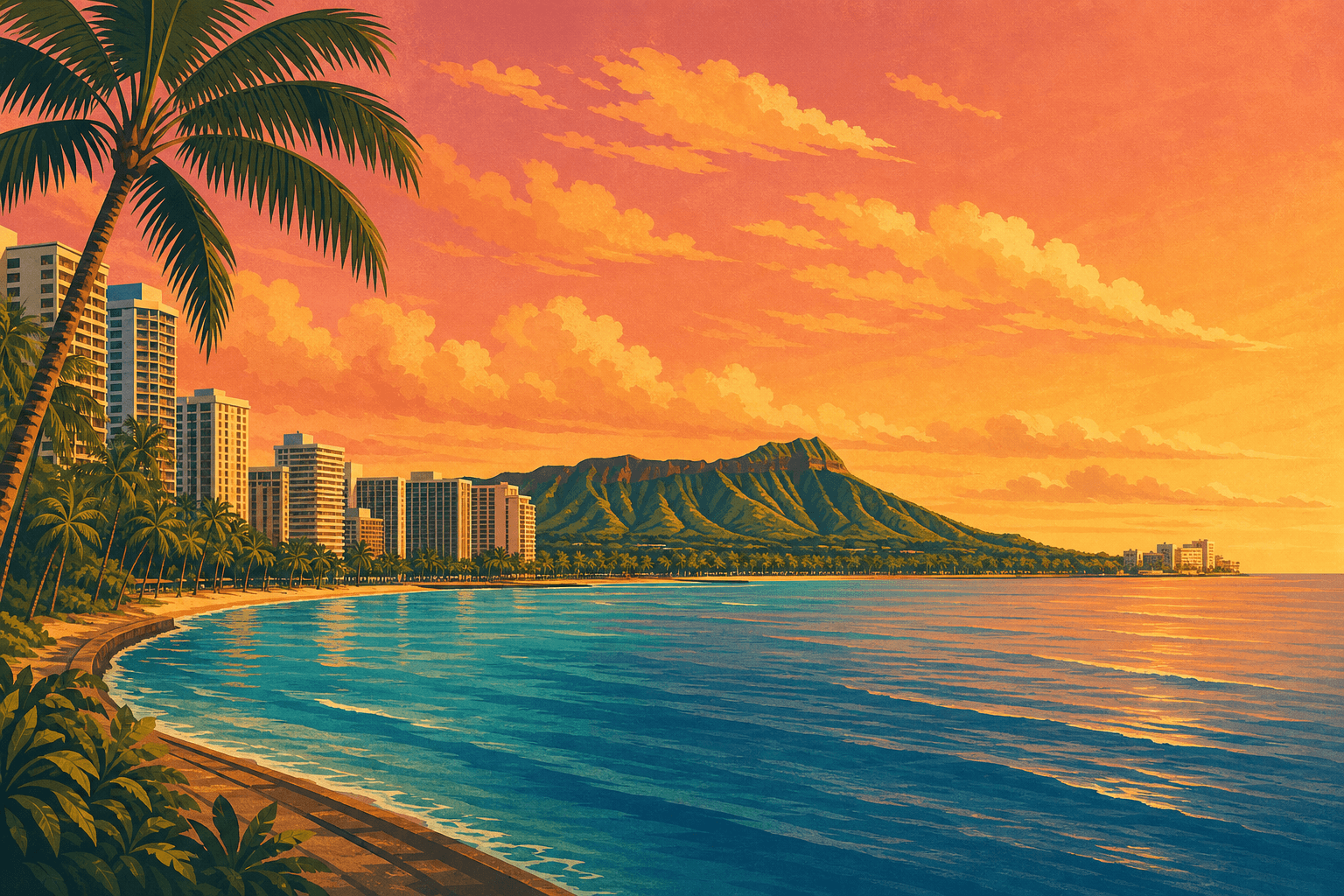 Illustration von Waikiki mit dem Diamond Head in Honolulu, Oahu